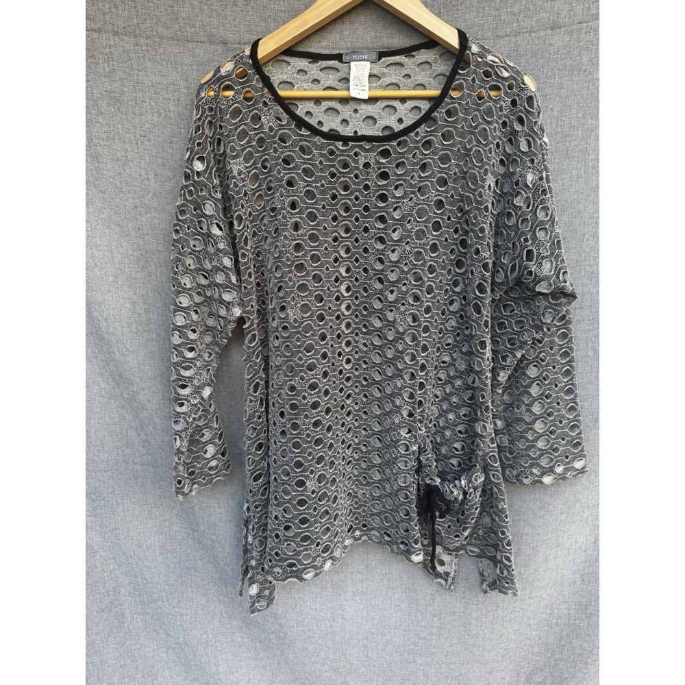 Yushi Funky Top XL Laser Cut Tunic Gray Eclectic Lagenlook